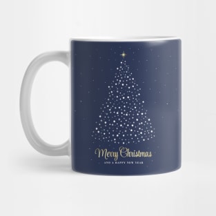 Merry Christmas and a Happy New Year. Minimalistic Christmas tree illustration. High quality Christmas blue white and gold starry illustration in minimalist style. Mug